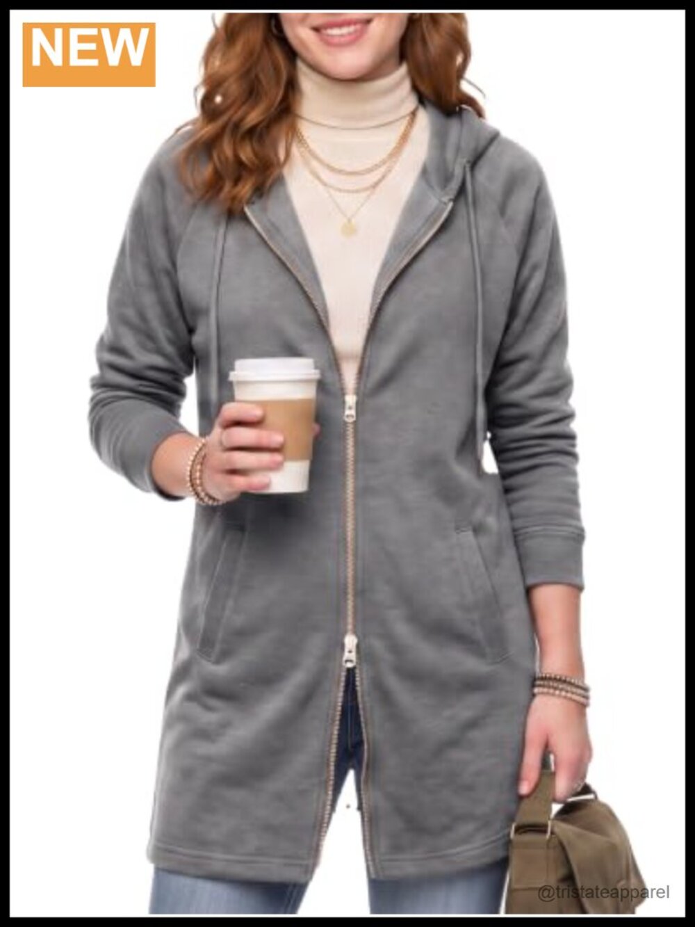 Oversized Long Tunic Hoodie Jacket Cotton Blend Fleece Two-Way Zip